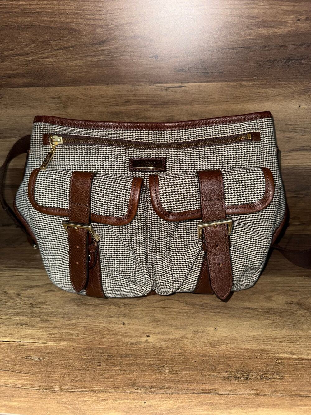 Burberry Black Label Houndstooth Check sling Bag with Brown Leather Trim